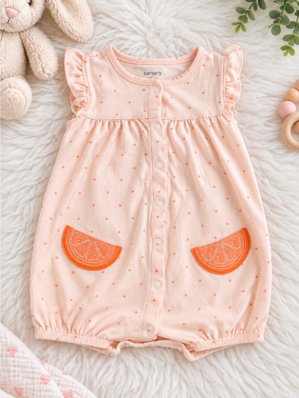 Carter’s Baby Girl Peach Orange Polka Dot Citrus Romper 18M